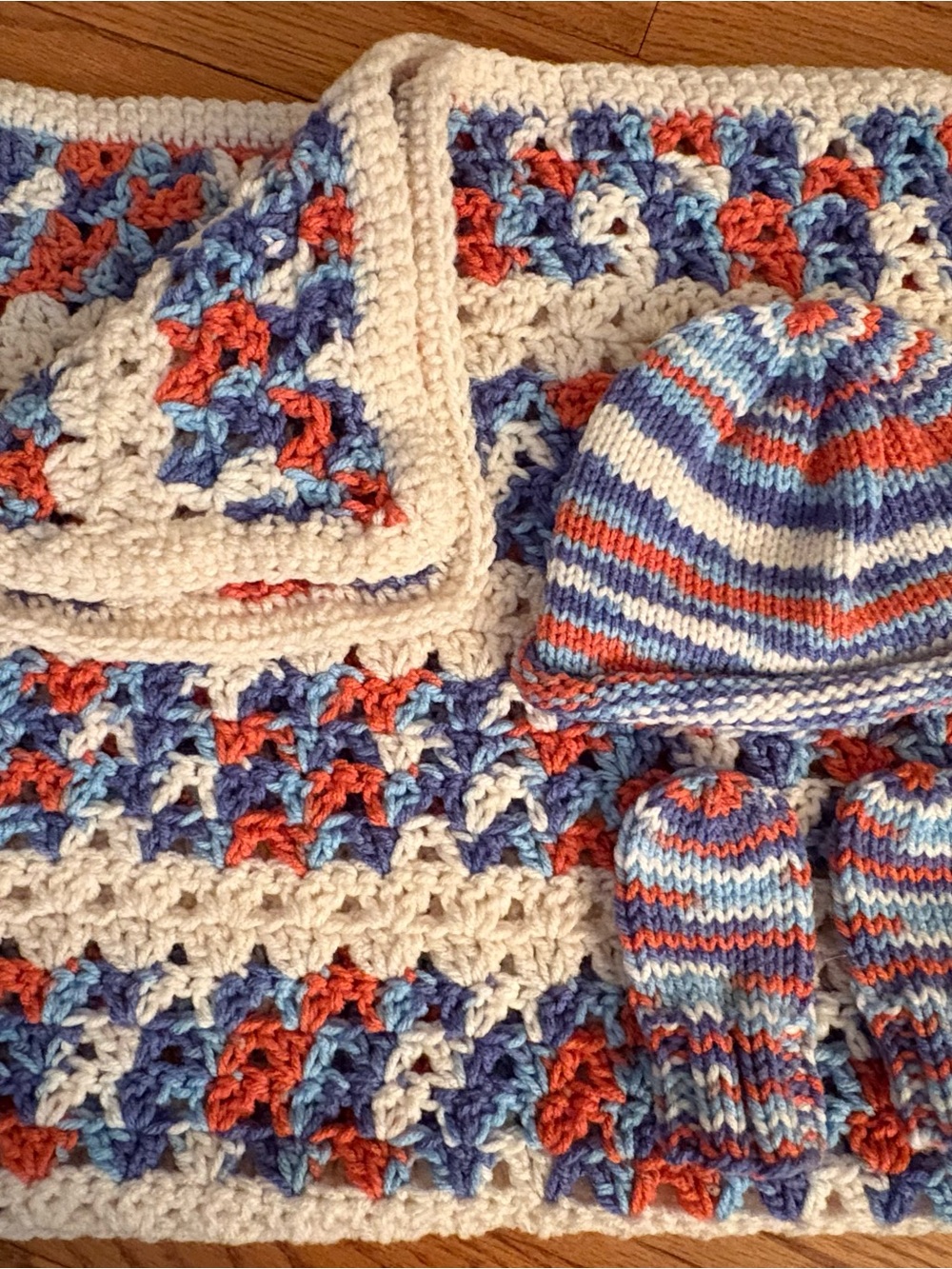 Handmade Cream, Blue & Coral Crochet Baby Hat, Mittens & Blanket Set